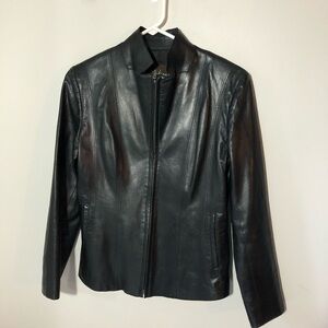 Cole Haan lambskin stand up collar black leather jacket womens 6 moto luxury